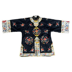 Lily Vintage Embroidered Silk Chinese Jacket Top Shirt Black 3/4 Sleeve Kimono S